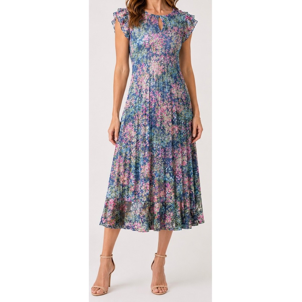 Komarov Floral Pleated Midi Dress Blue Pink Lace Trim Cap Sleeve Wedding Guest L